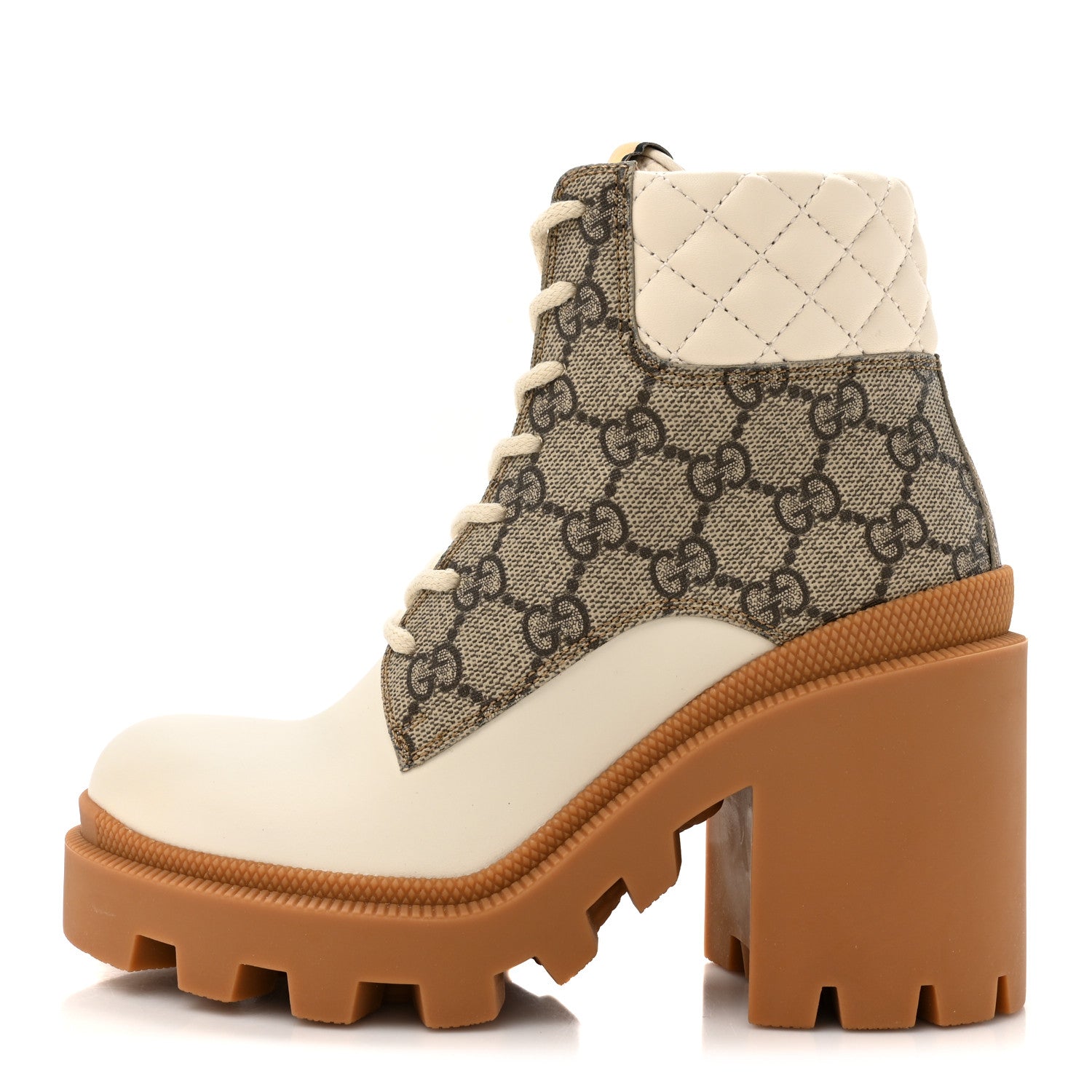 Calfskin GG Supreme Monogram Nappa Quilted Lace Up Ankle Boots 35 Mystic White Beige