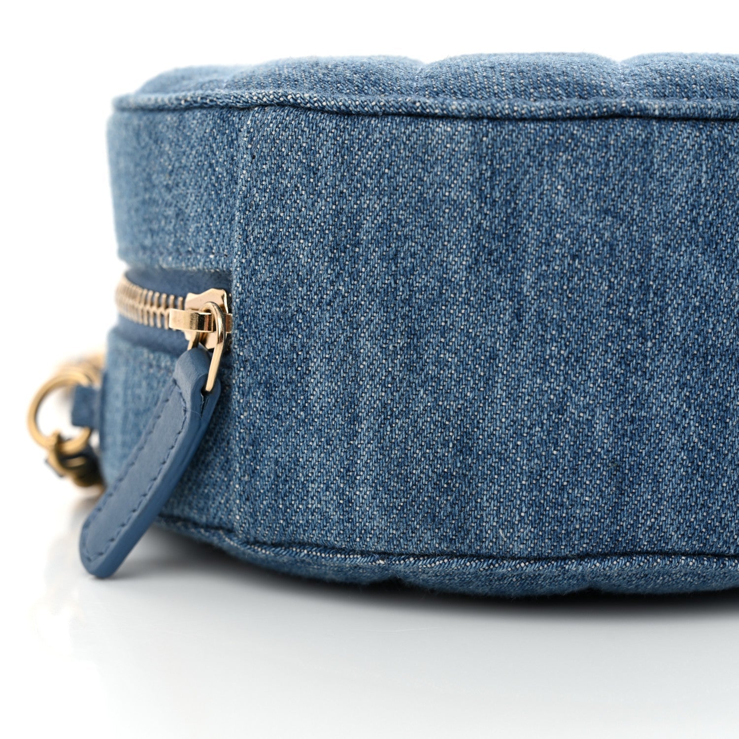 Denim Quilted Round Pearl Crush Clutch With Chain Blue