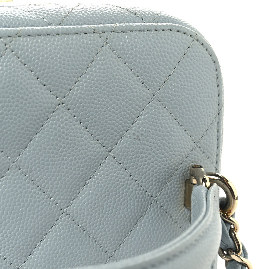 Caviar Quilted Small Top Handle Vanity Case With Chain Light Blue
