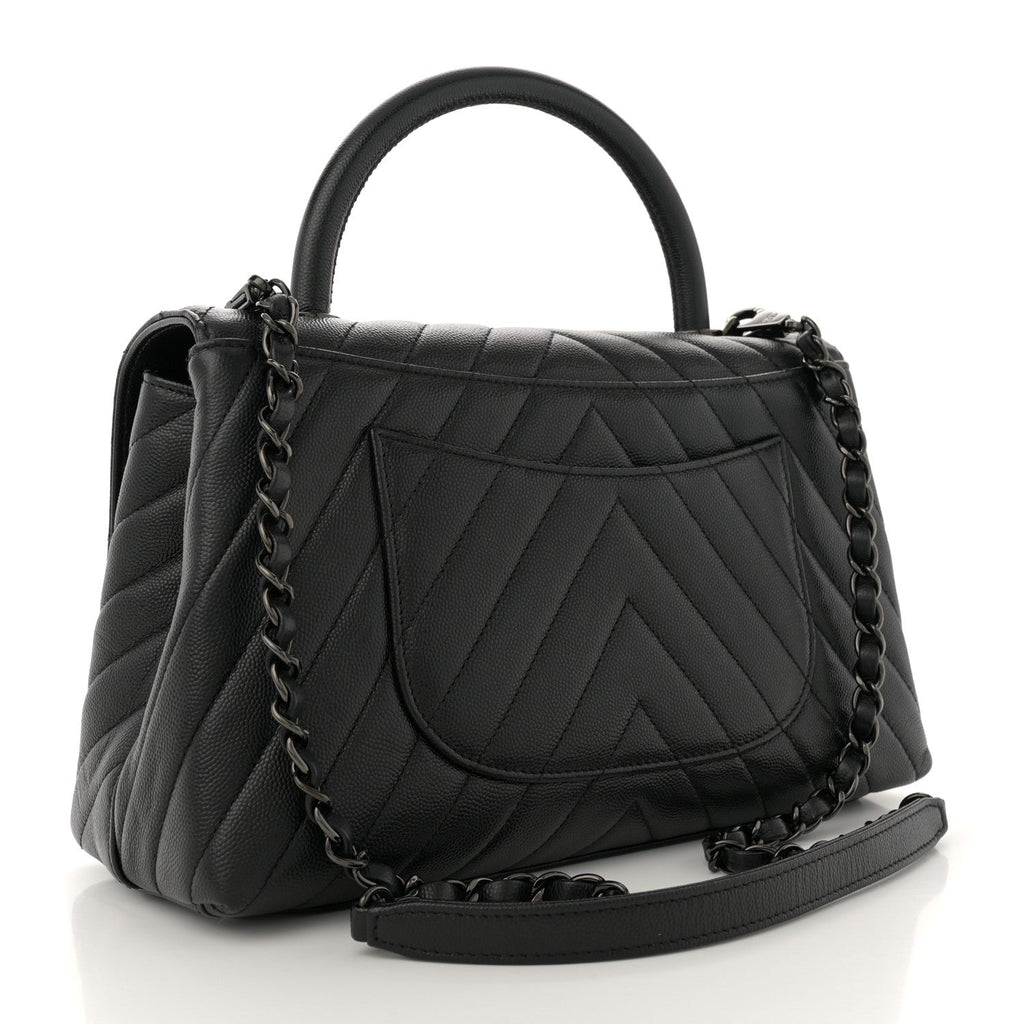 Caviar Chevron Quilted Small Coco Handle Flap So Black