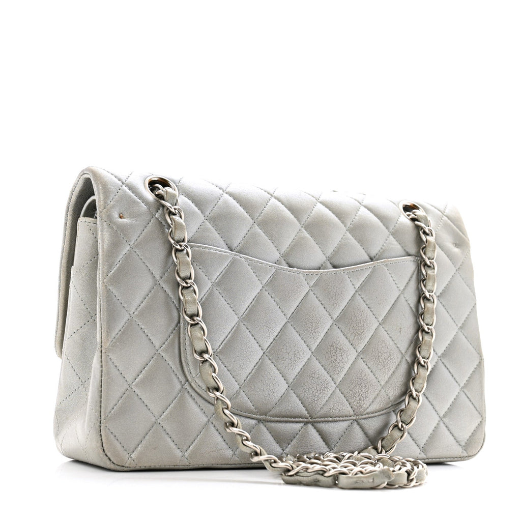 Metallic Lambskin Quilted Medium Double Flap Silver