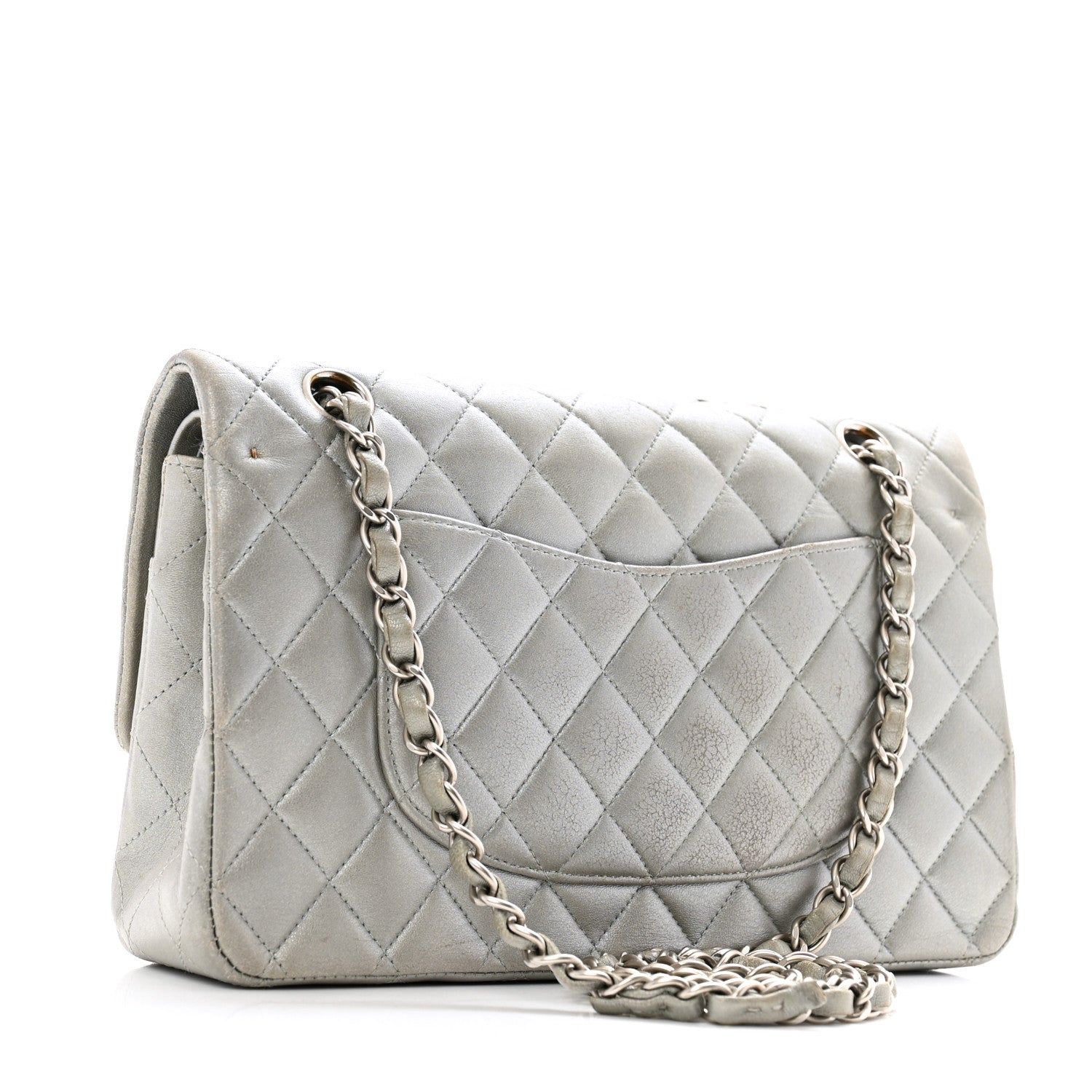 Metallic Lambskin Quilted Medium Double Flap Silver