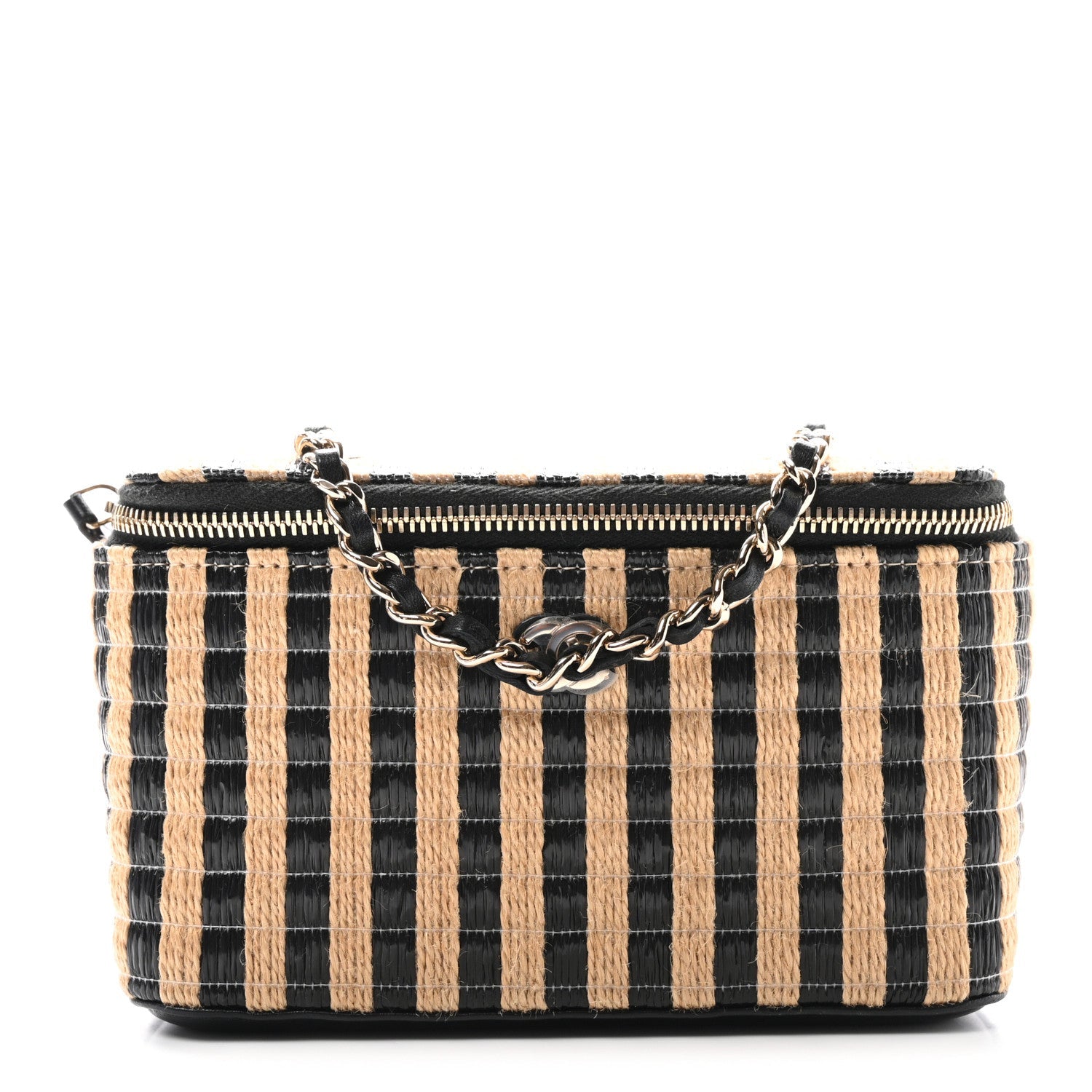 Raffia Jute Striped Small Vanity Case With Chain Black Beige