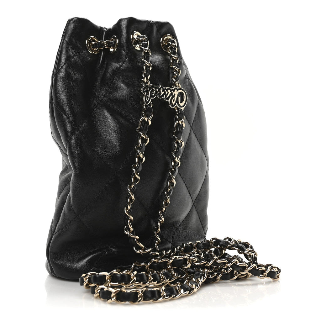 Shiny Lambskin Quilted Drawstring Backpack Black
