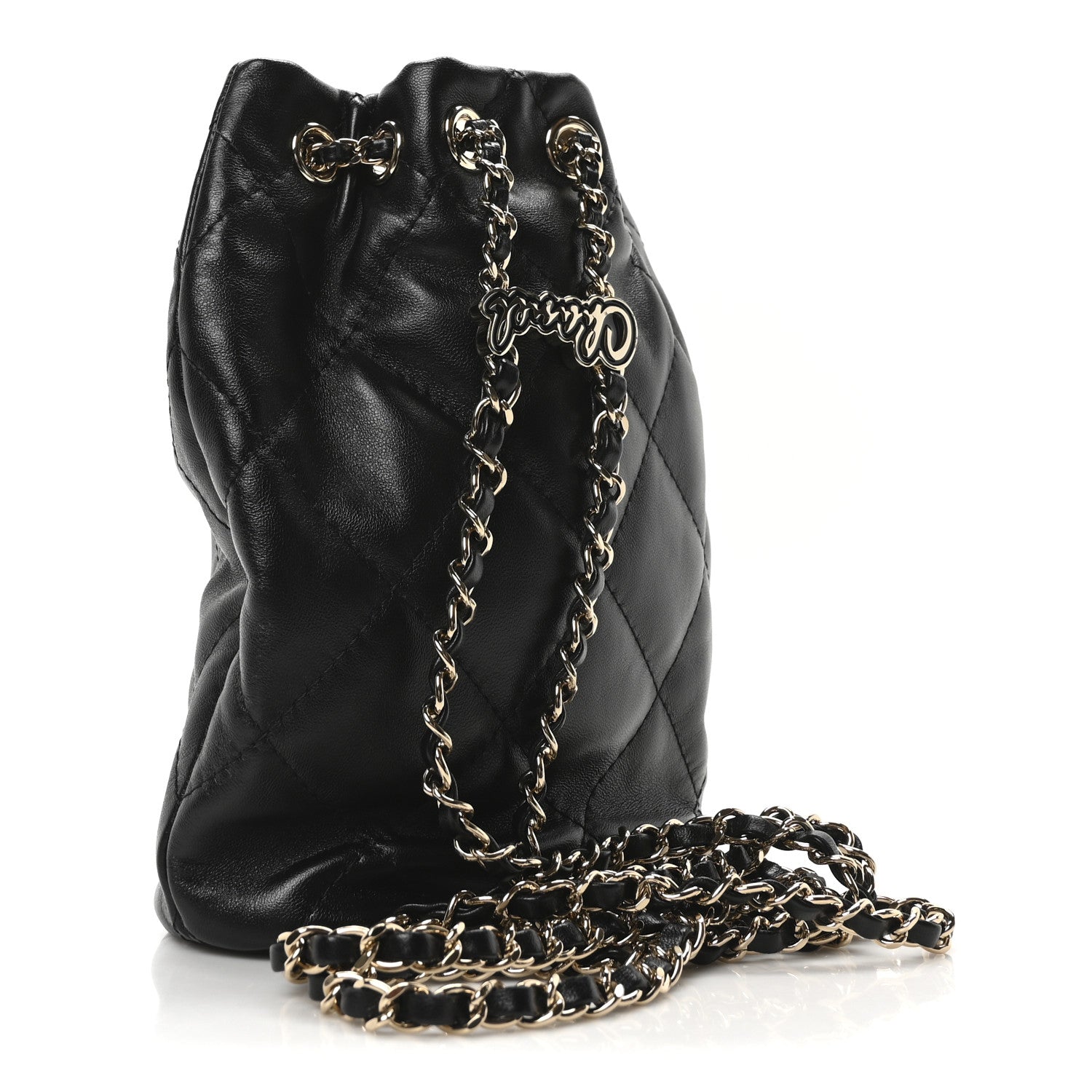 Shiny Lambskin Quilted Drawstring Backpack Black