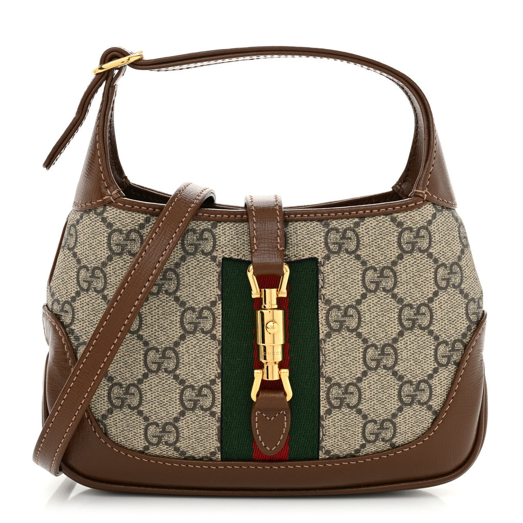 GG Supreme Monogram Azalea Calfskin Web Mini Jackie 1961 Hobo Beige Ebony Brown Sugar
