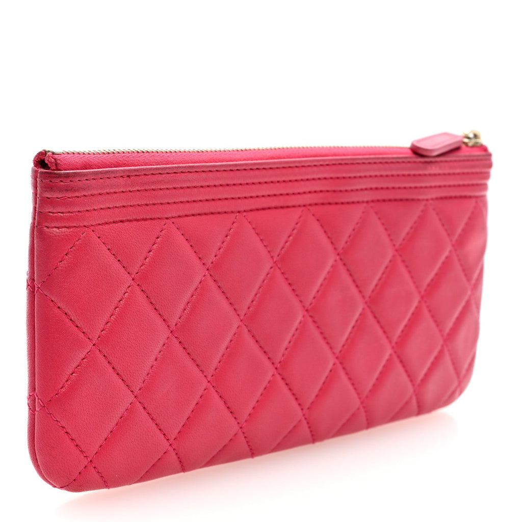Lambskin Quilted Small Boy Zipped Pouch Dark Pink
