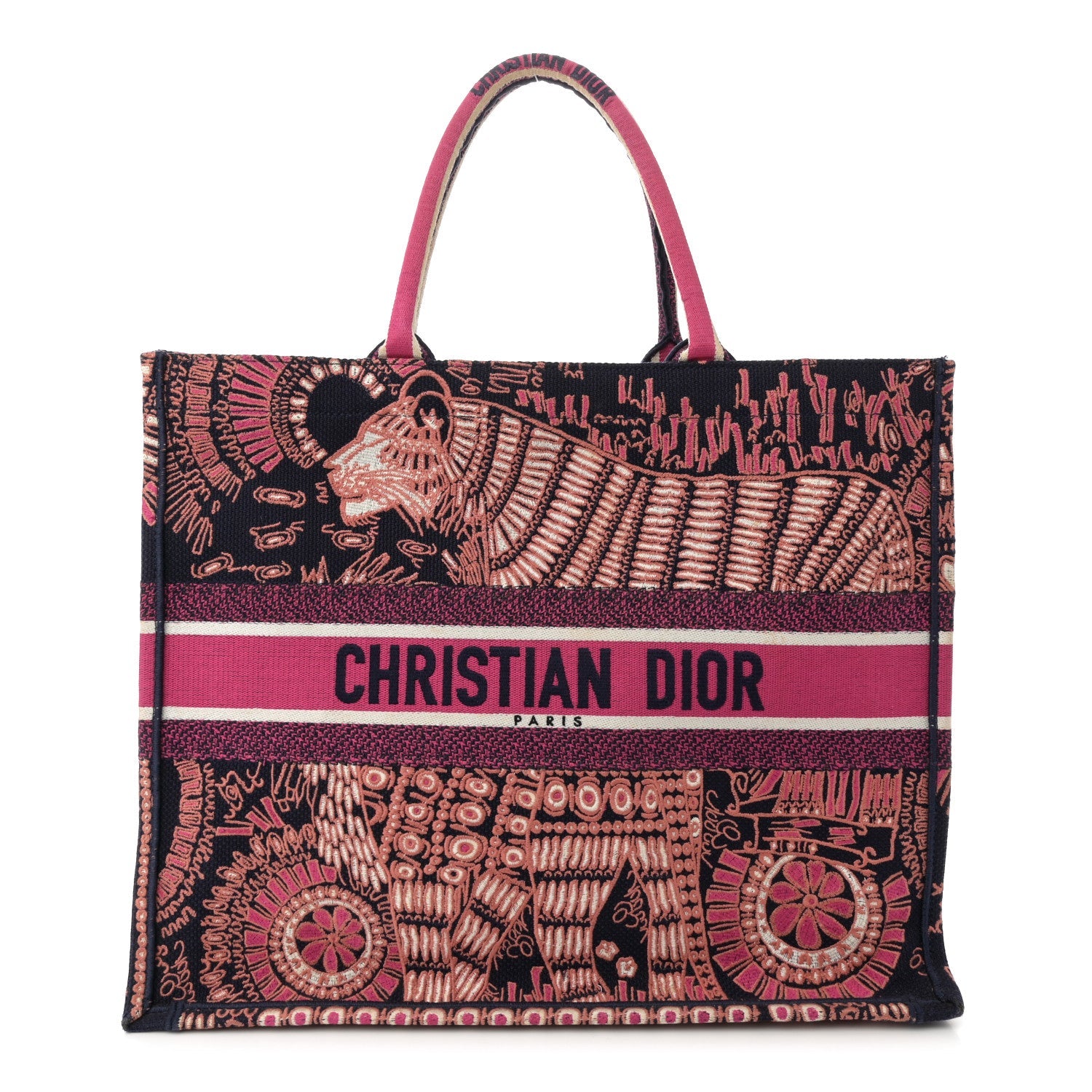 Canvas Embroidered Dior Animals Tiger Book Tote Deep Blue Fuchsia