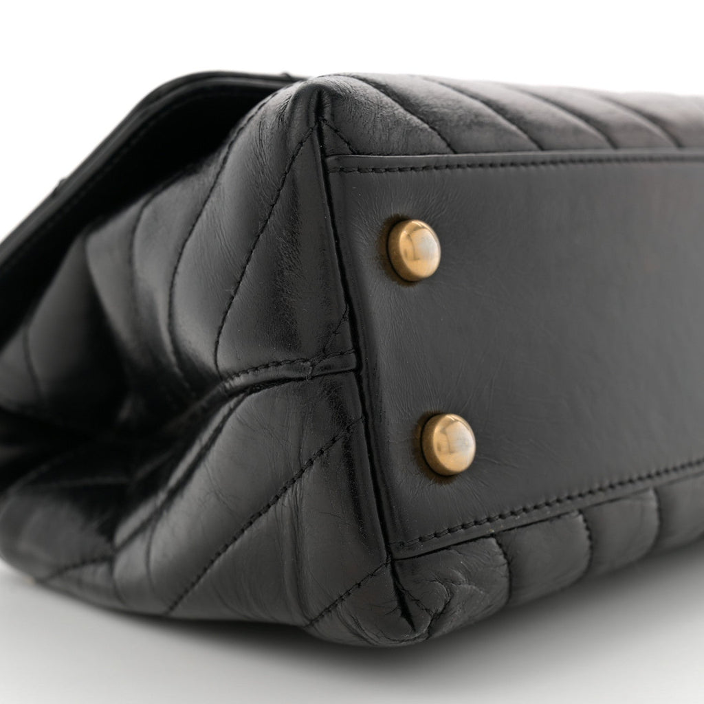 Aged Calfskin Chevron Quilted Mini Coco Handle Flap Black