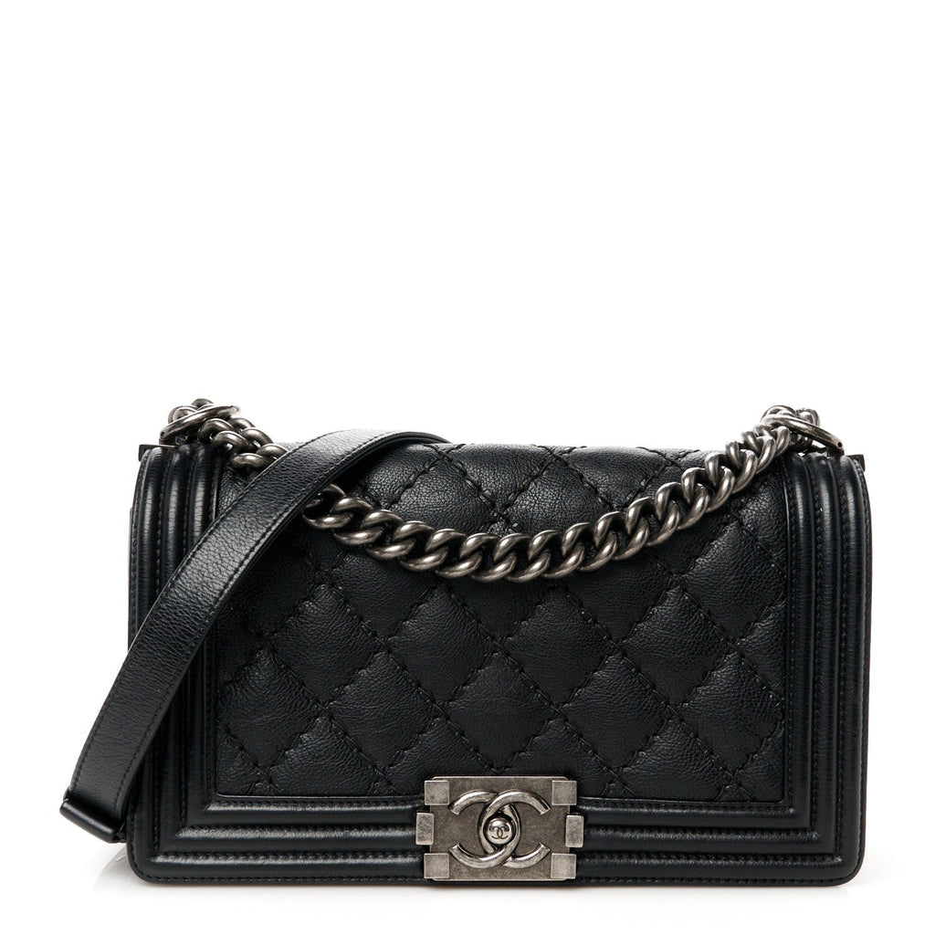 Lambskin Stitch Quilted Medium Boy Flap Black