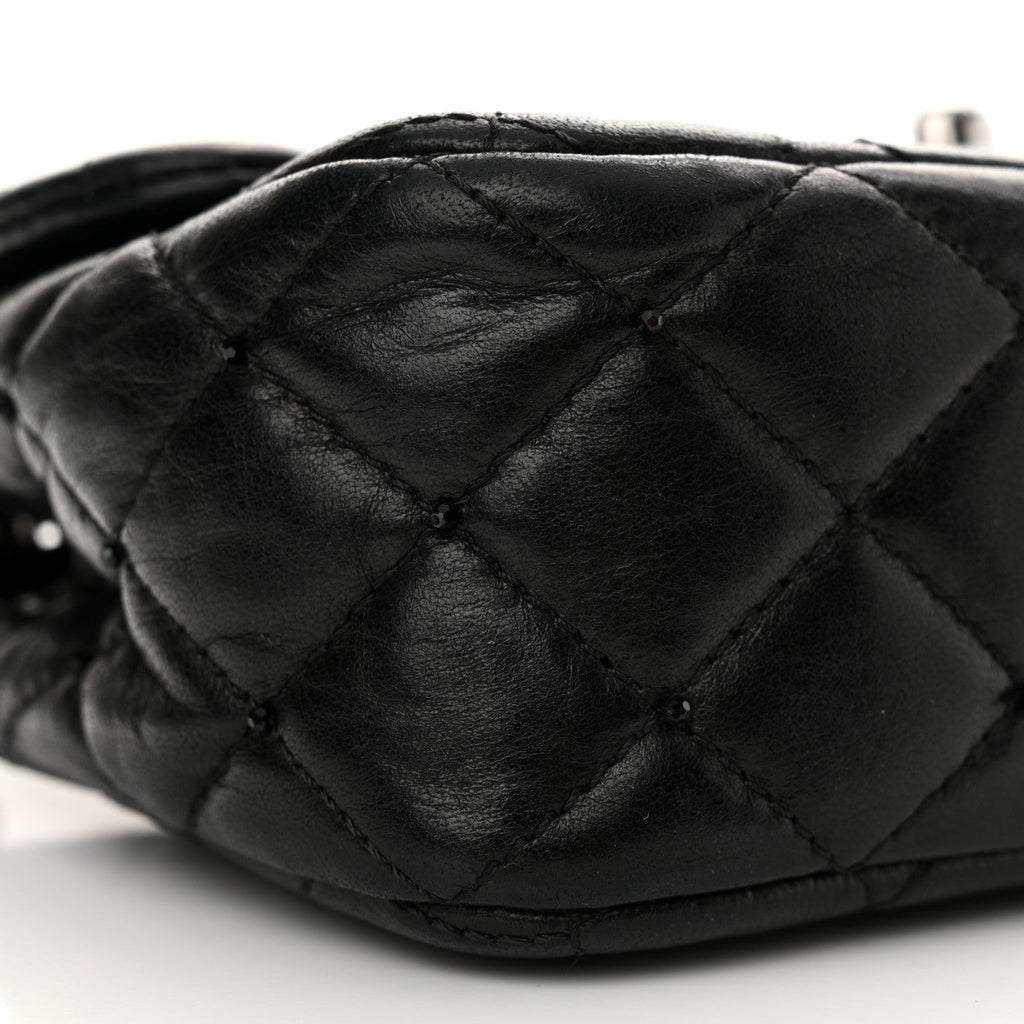 Lambskin Quilted Beaded Extra Mini Rectangular Flap Black