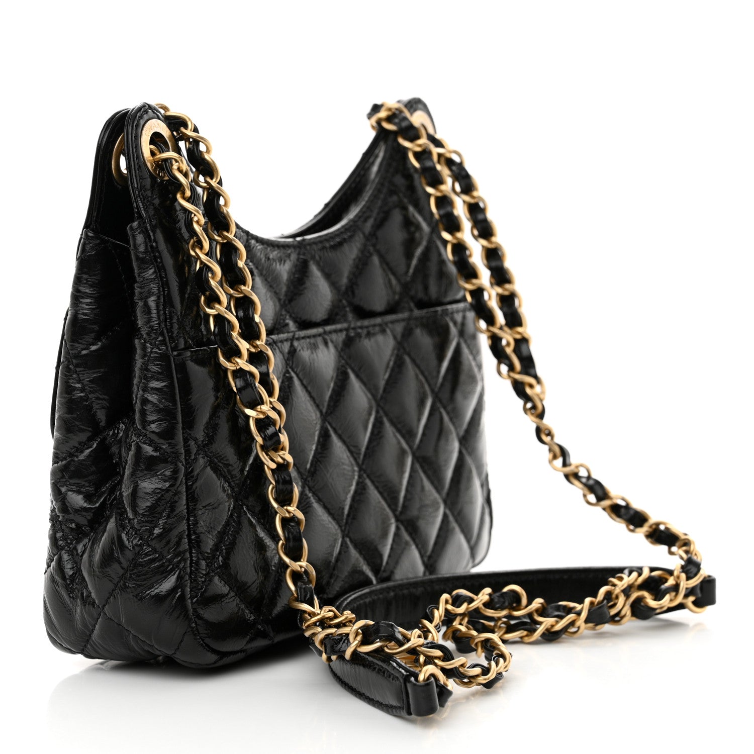 Shiny Crumpled Calfskin Quilted Small Wavy CC Hobo Black