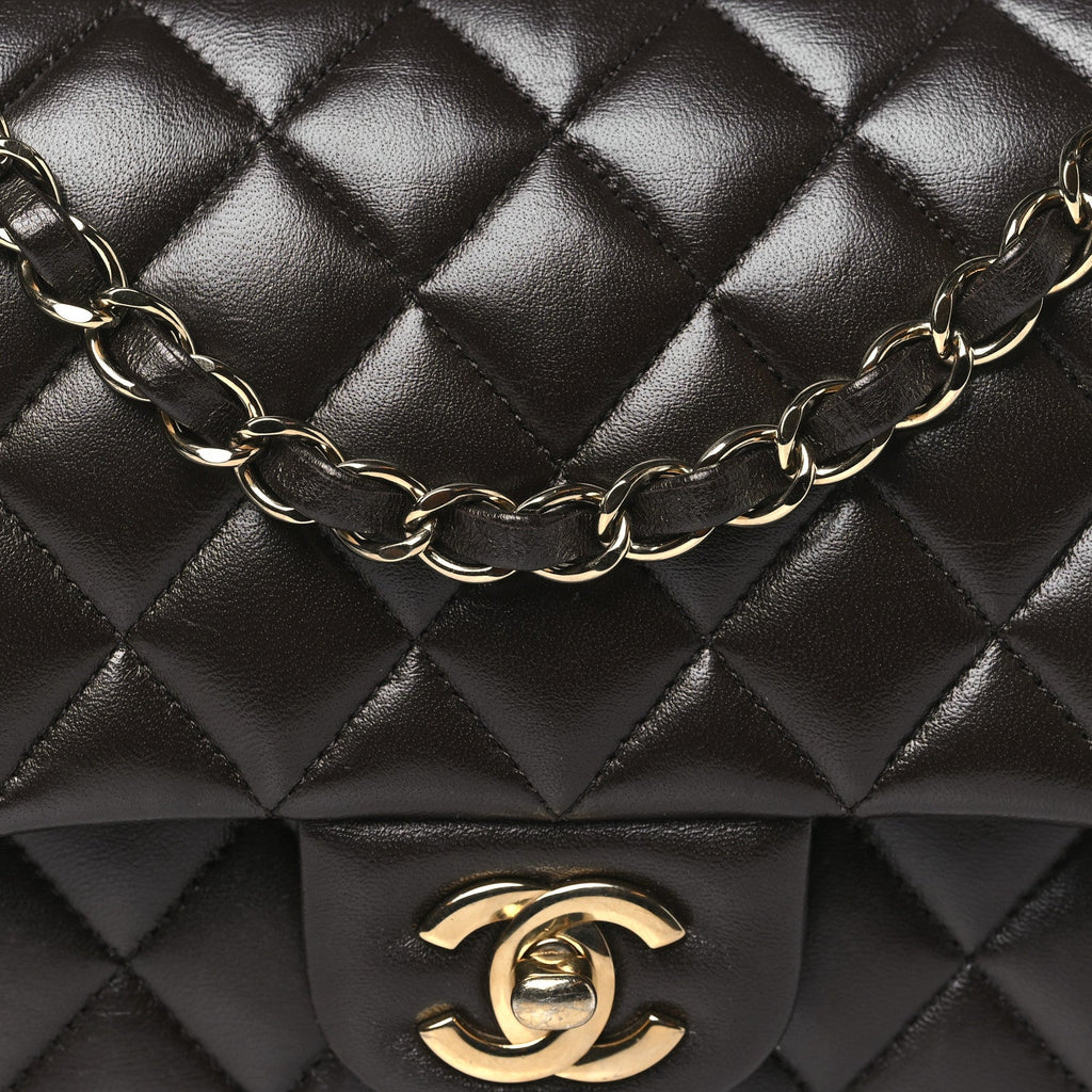 Lambskin Quilted Medium Double Flap Dark Brown