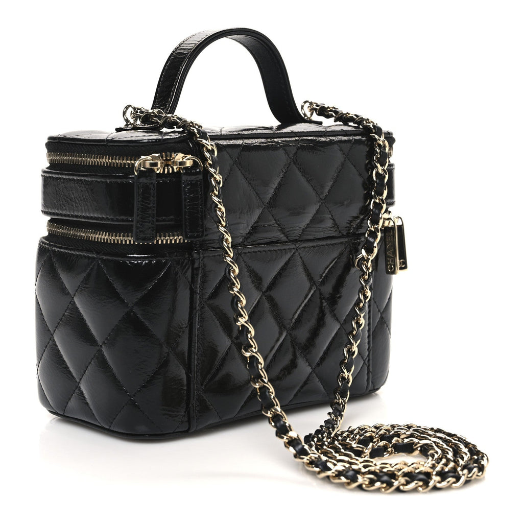 Shiny Lambskin Quilted Top Handle Vanity Case With Chain Black
