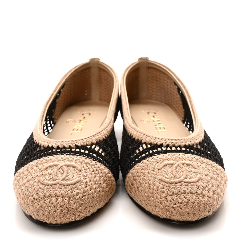 Raffia Cap Toe Ballerina Flats 37 Black Beige