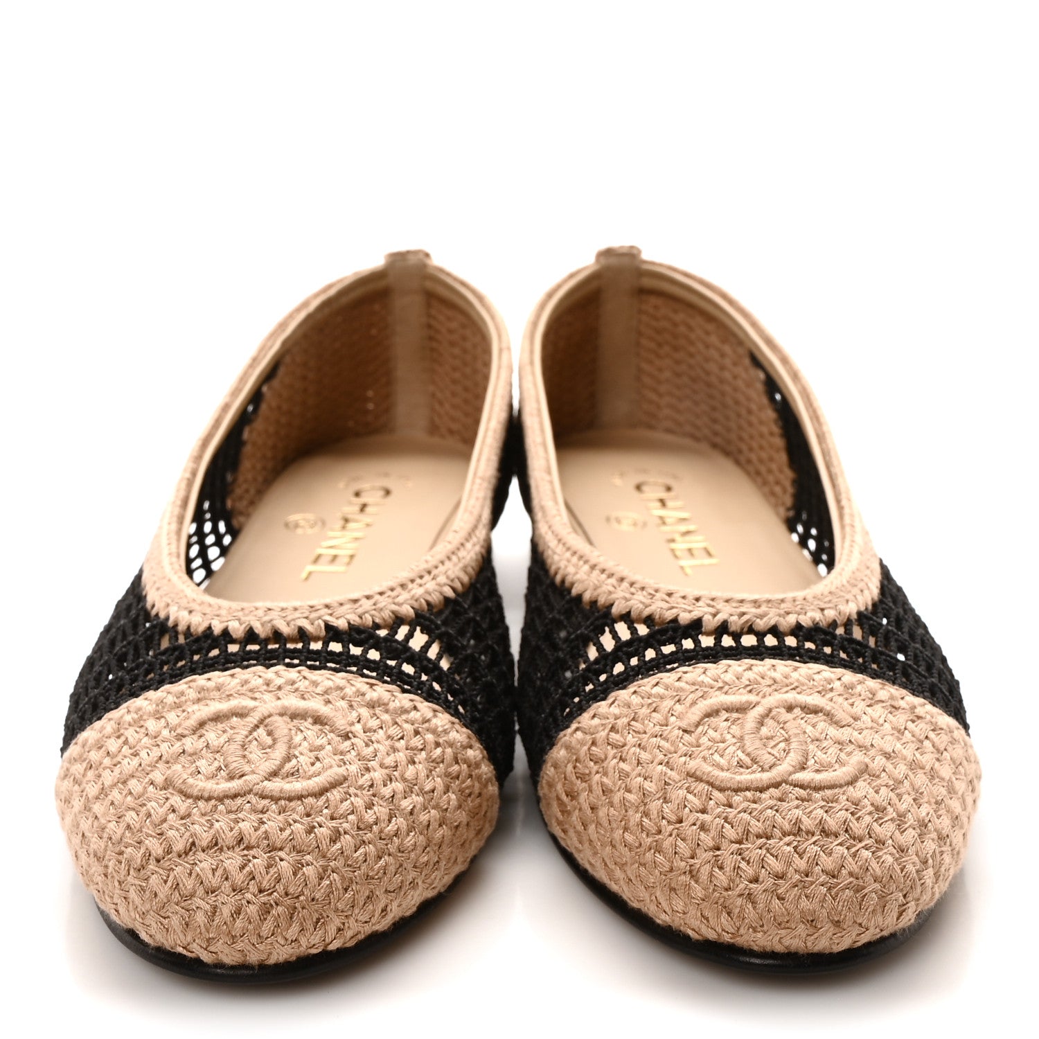 Raffia Cap Toe Ballerina Flats 37 Black Beige