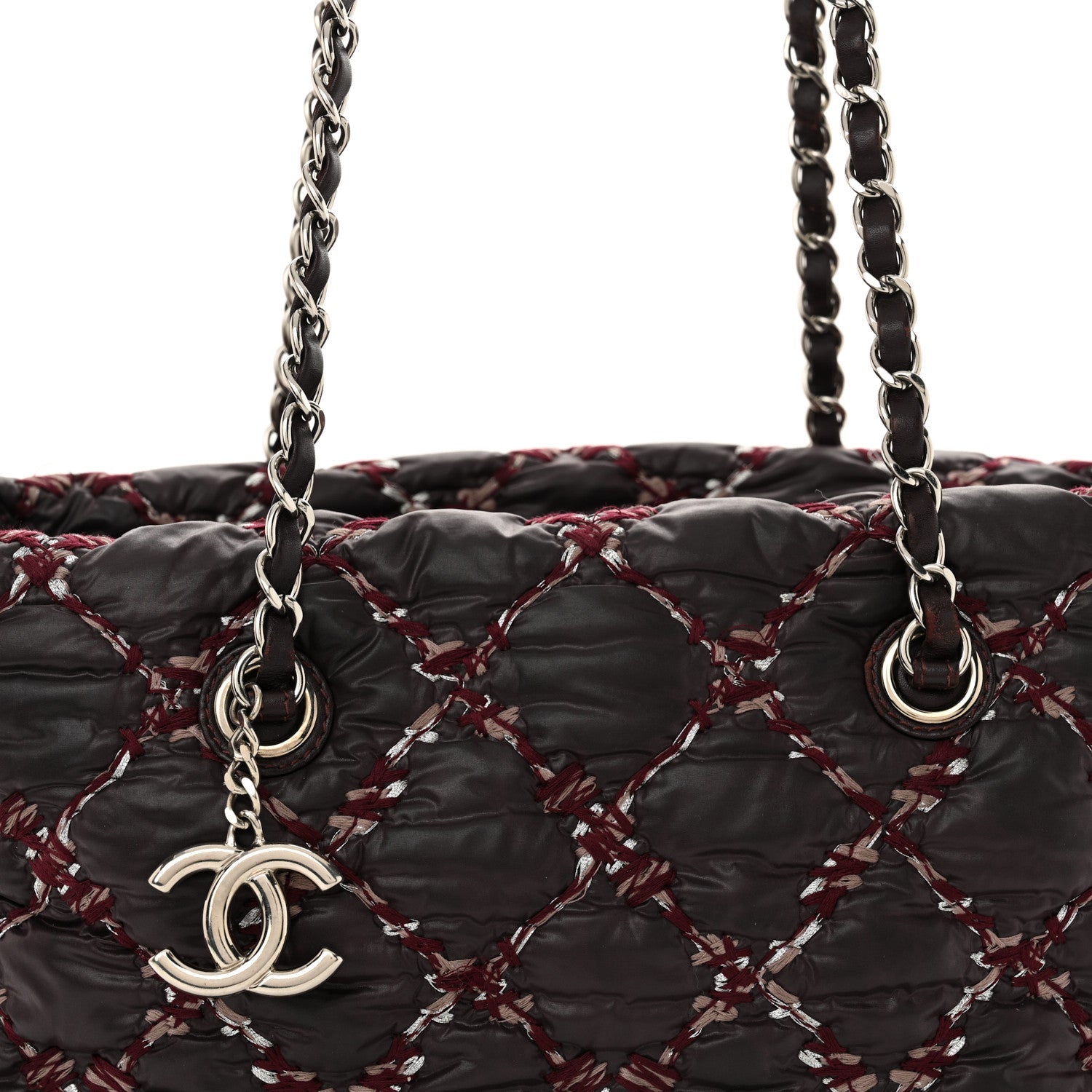 Nylon Quilted Tweed Stitch Bubble Tote Plum