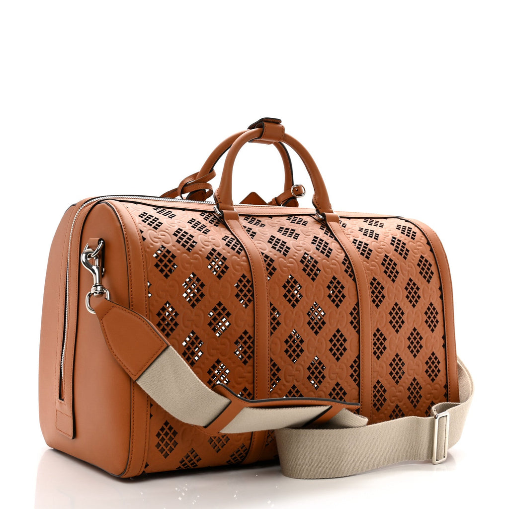 Calfskin Cut Out GG Embossed Medium Duffle Bag Harness Brown