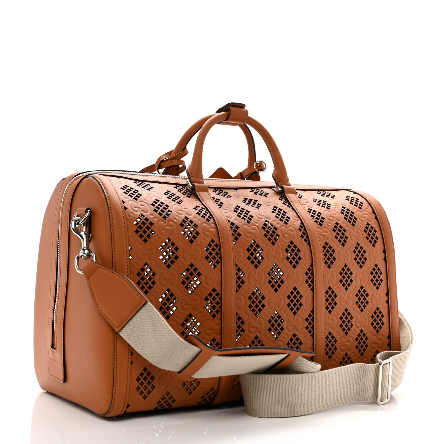 Calfskin Cut Out GG Embossed Medium Duffle Bag Harness Brown