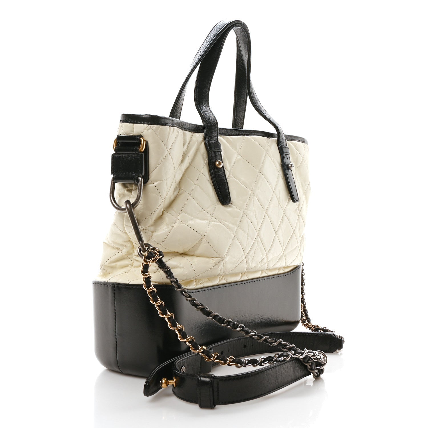 Aged Calfskin Quilted Medium Gabrielle Shopping Tote White Black