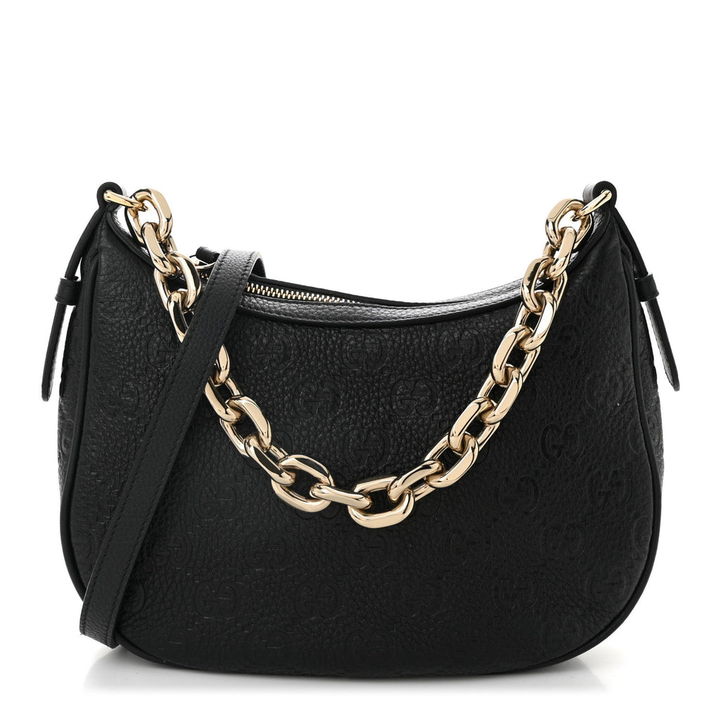 Grainy Calfskin GG Embossed Emblem Small Half Moon Shoulder Bag Black