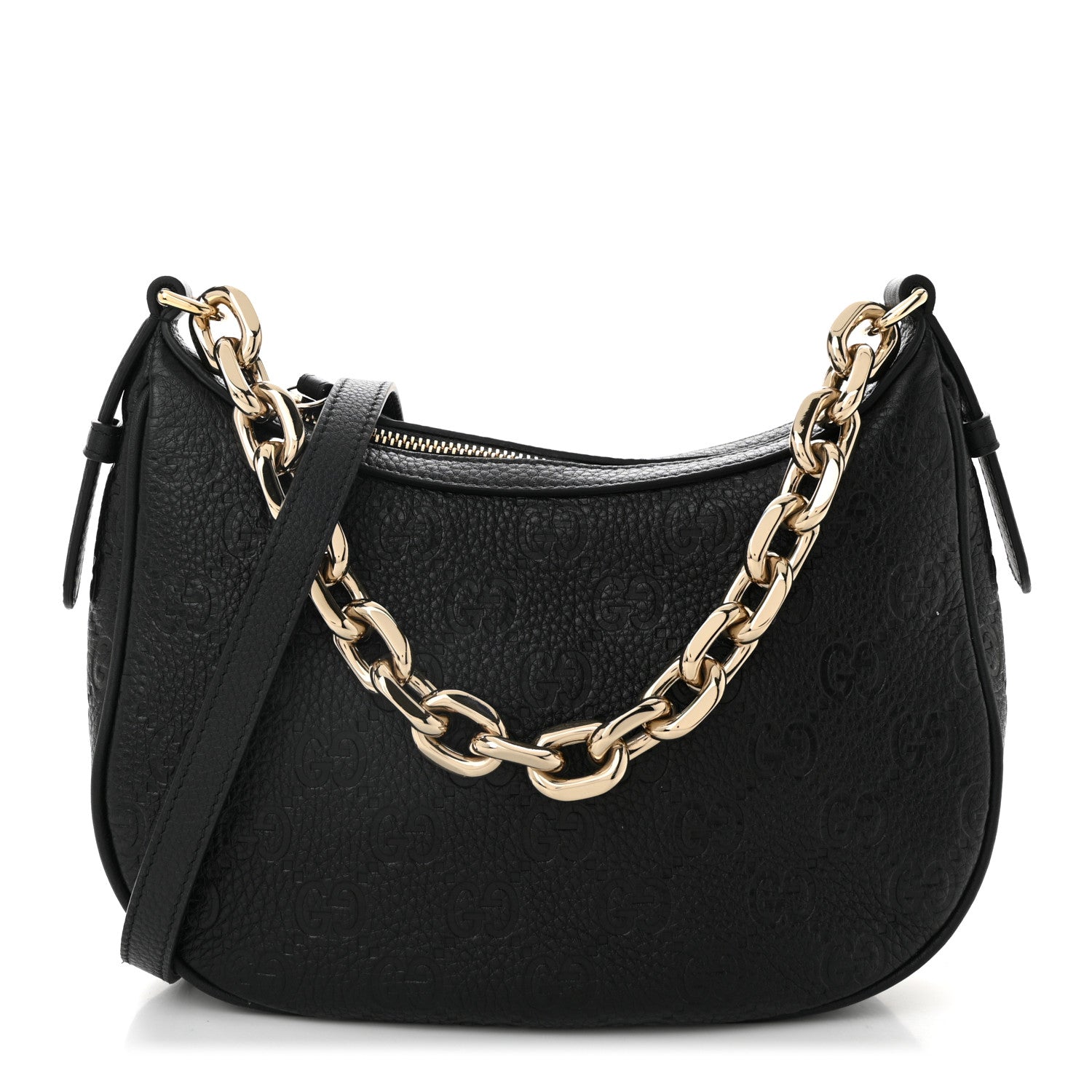 Grainy Calfskin GG Embossed Emblem Small Half Moon Shoulder Bag Black