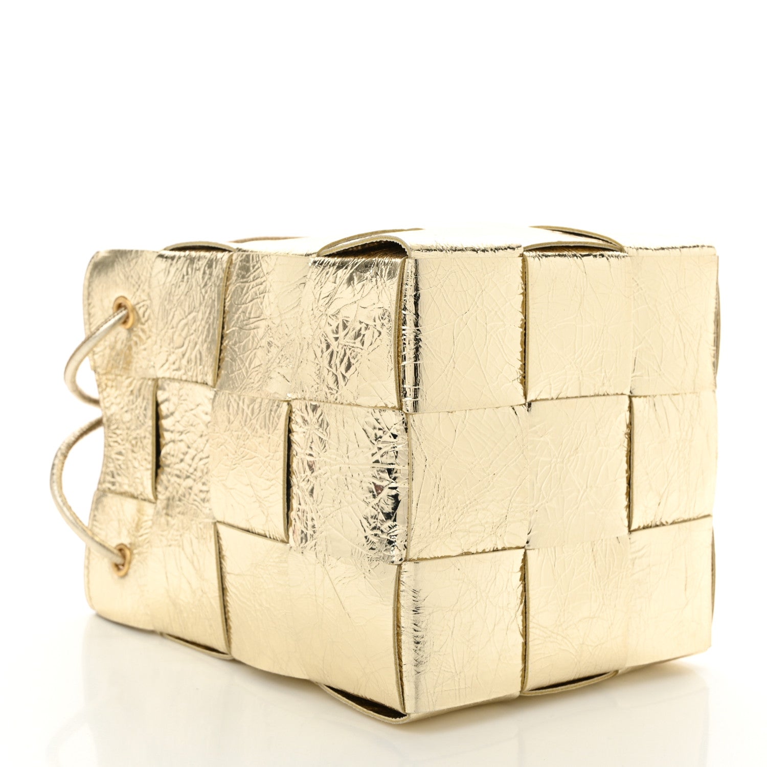Metallic Crushed Nappa Maxi Intrecciato Small Cassette Bucket Bag Gold