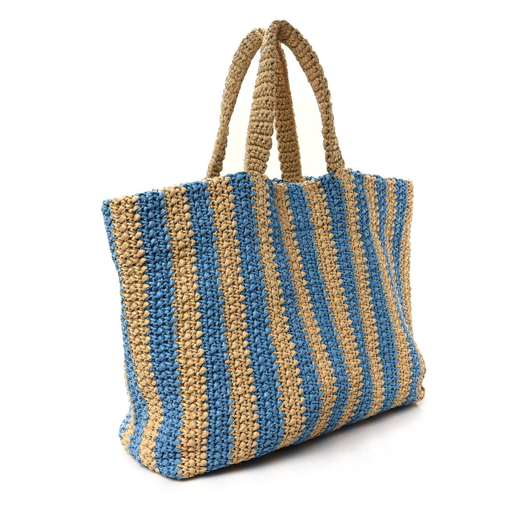 Yarn Raffia Effect Crochet Striped Large Logo Tote Naturale Celeste