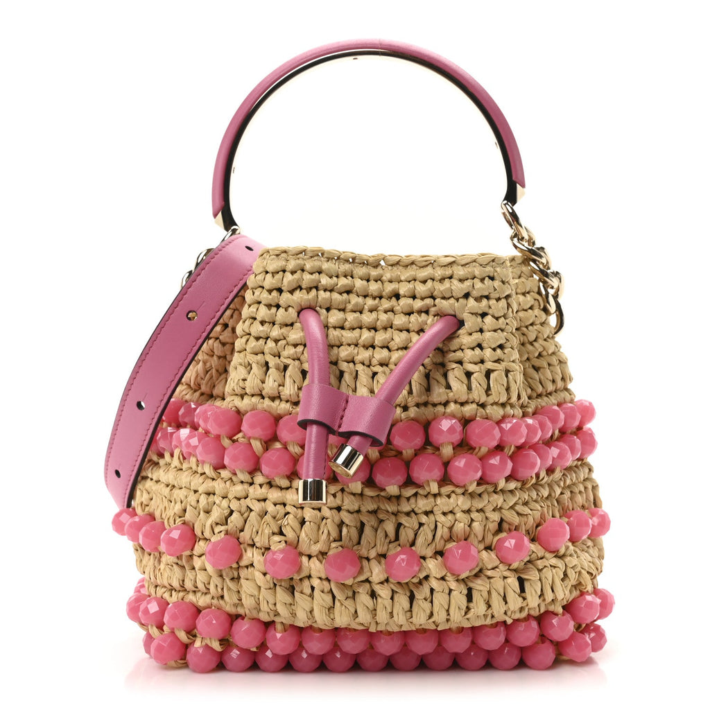Calfskin Raffia Beaded Bon Bon Bucket Bag Beige Pink