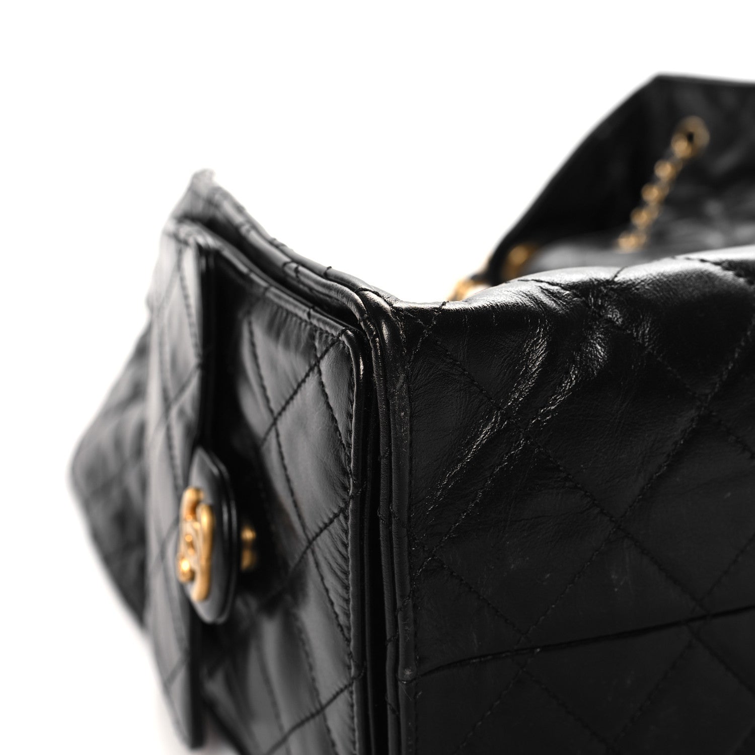Shiny Crumpled Calfskin Quilted Medium Chanel 25 Handbag Black