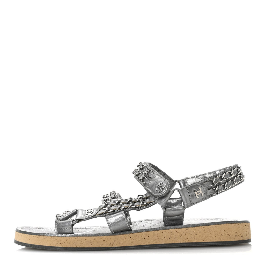 Metallic Laminated Goatskin Chain Flat Sandals 39 Dark Silver