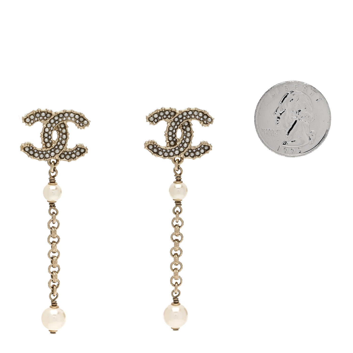 Pearl CC Chain Drop Earrings Gold