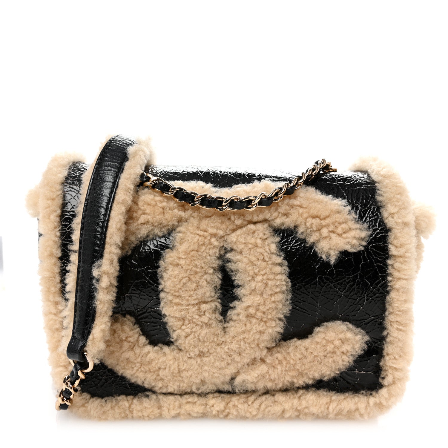 Shiny Crumpled Sheepskin Shearling CC Mania Flap Bag Black Beige