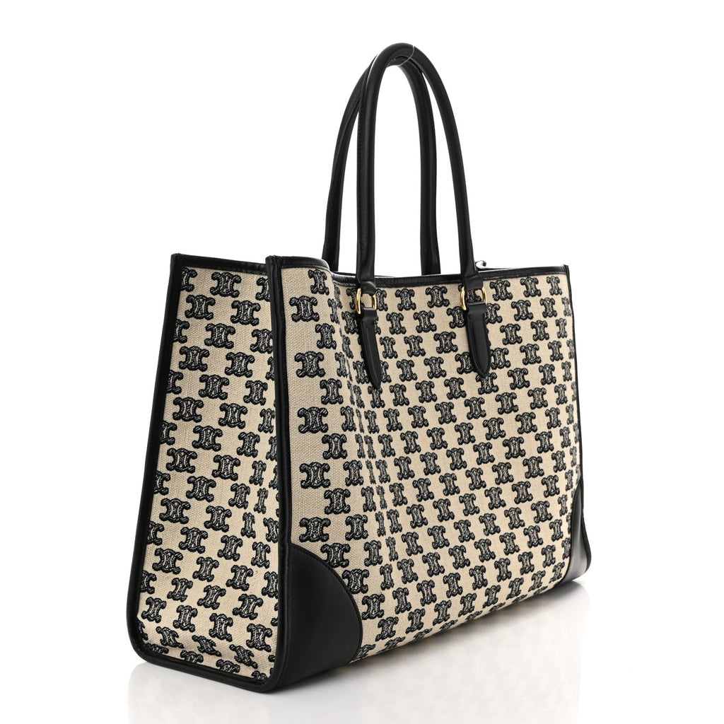 Canvas Calfskin Triomphe Embroidered Horizontal Cabas Black