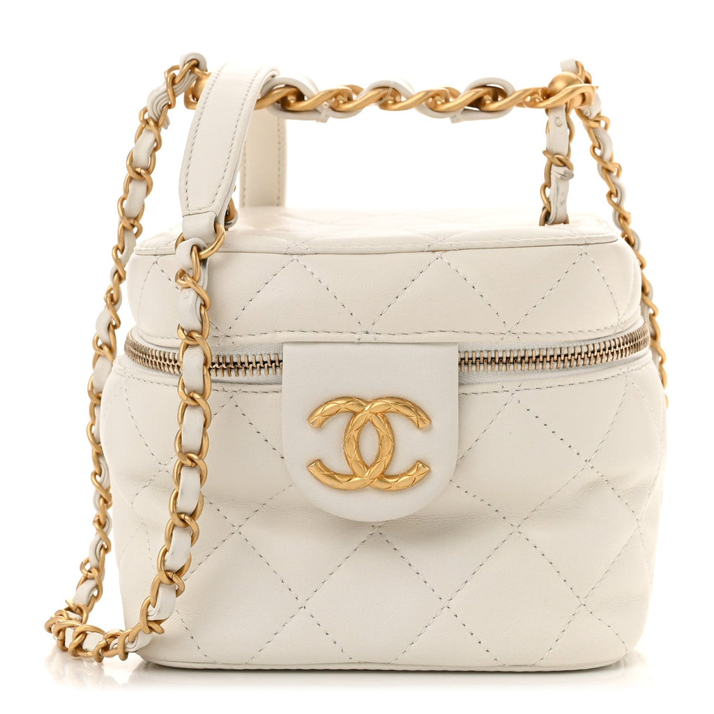 Calfskin Quilted Small Vanity Case With Chain White