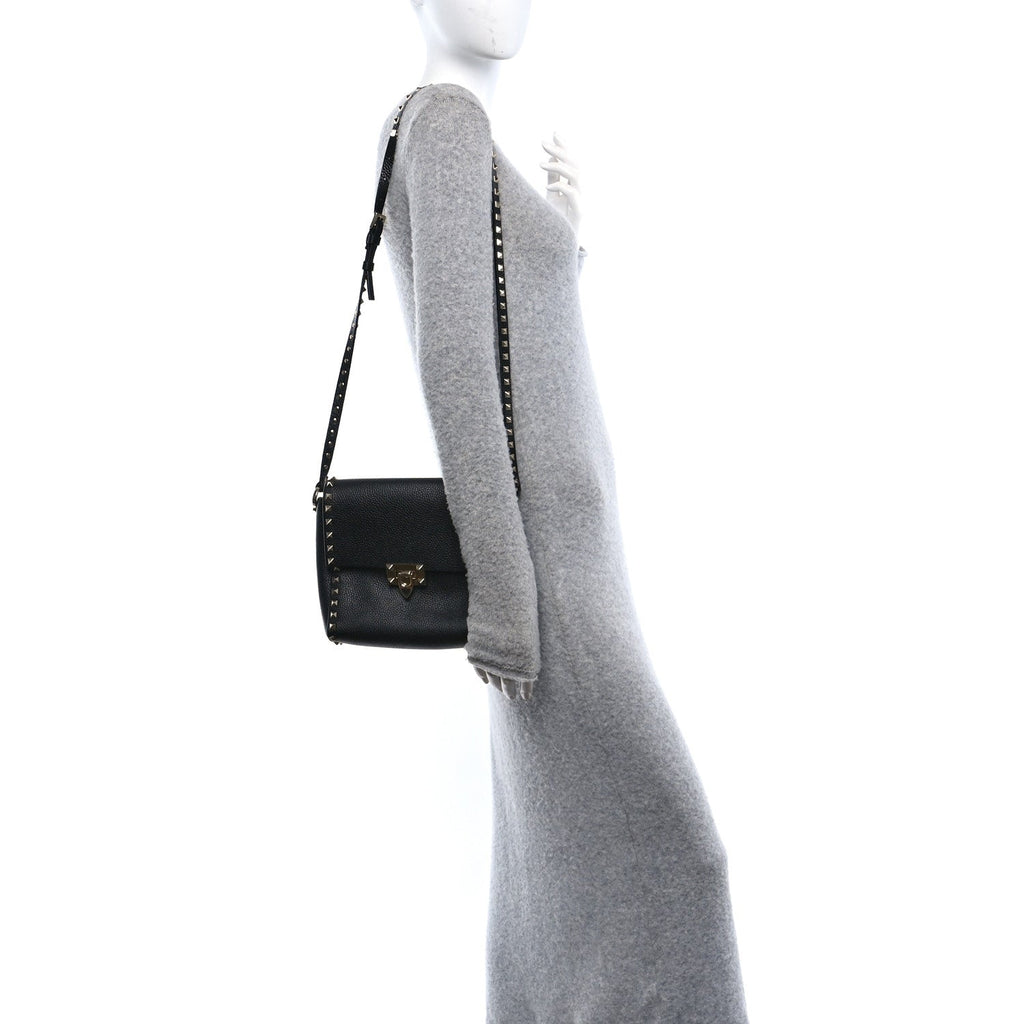 Pebbled Calfskin Rockstud Flip Lock Flap Messenger Black