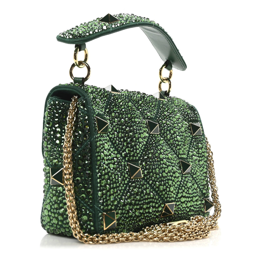 Crystal Suede Enamel Medium Roman Stud Shoulder Bag Green