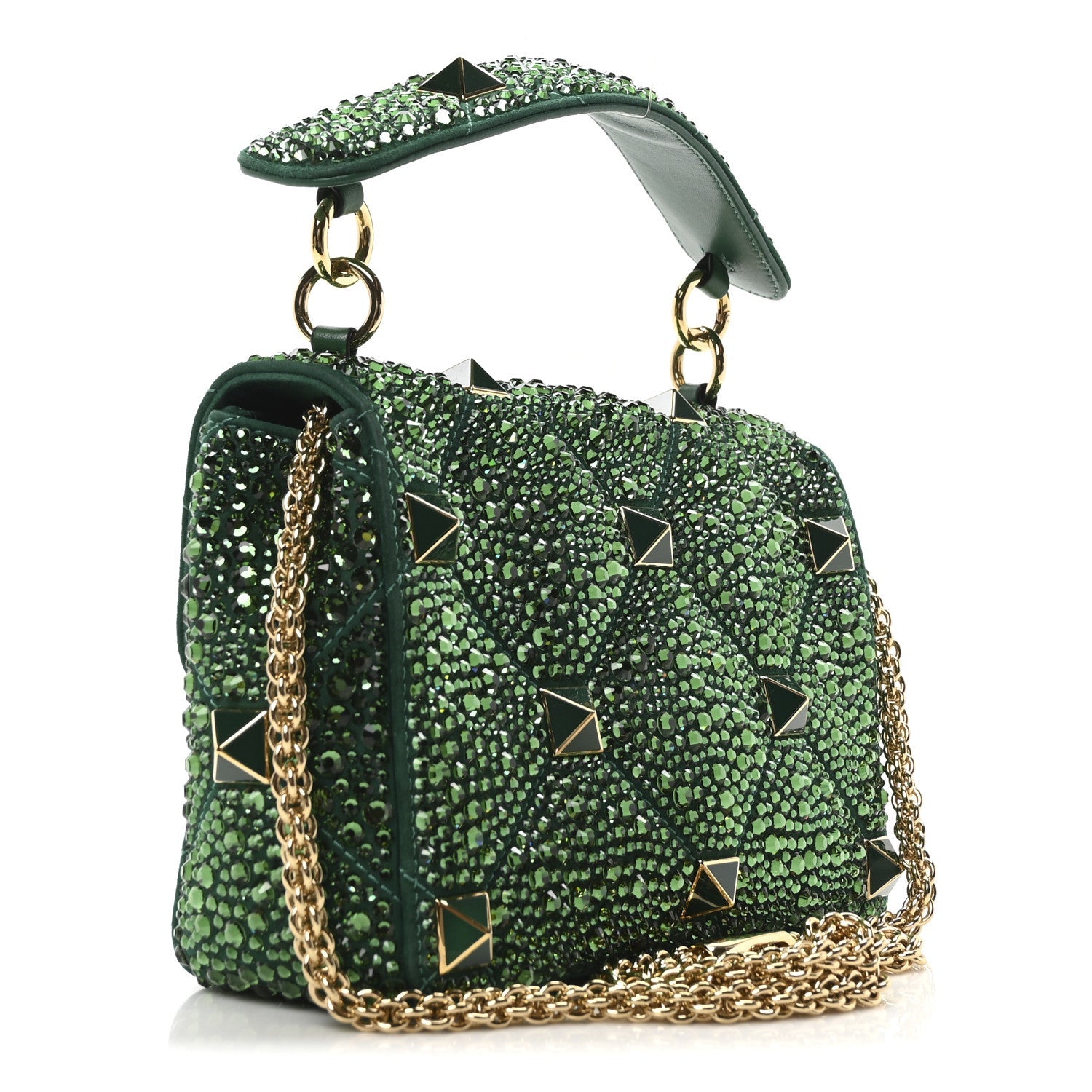 Crystal Suede Enamel Medium Roman Stud Shoulder Bag Green