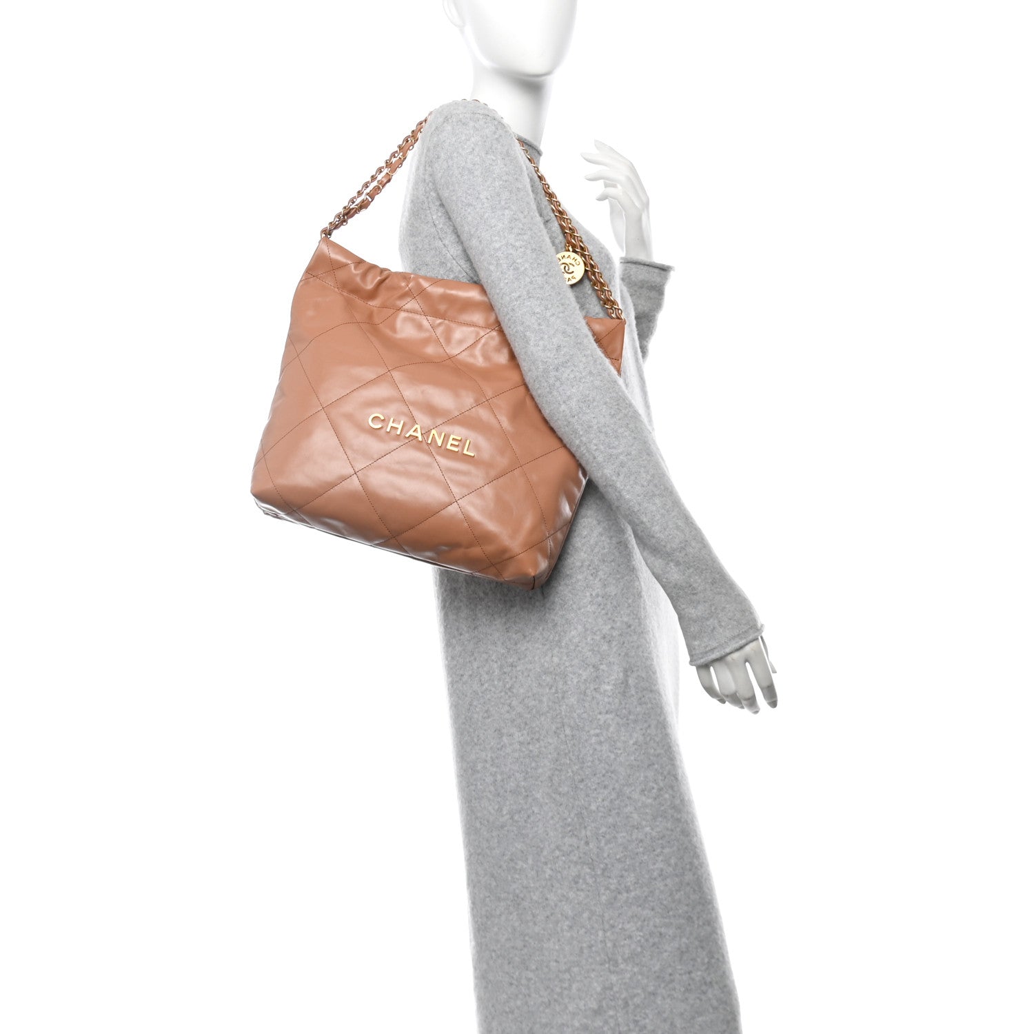 Shiny Calfskin Quilted Small Chanel 22 Beige