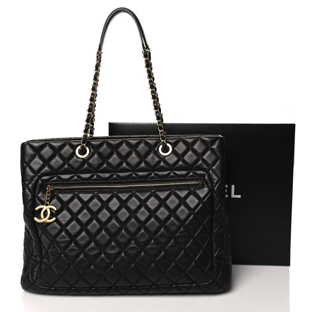 Lambskin Quilted CC Pocket Shopping Tote Black