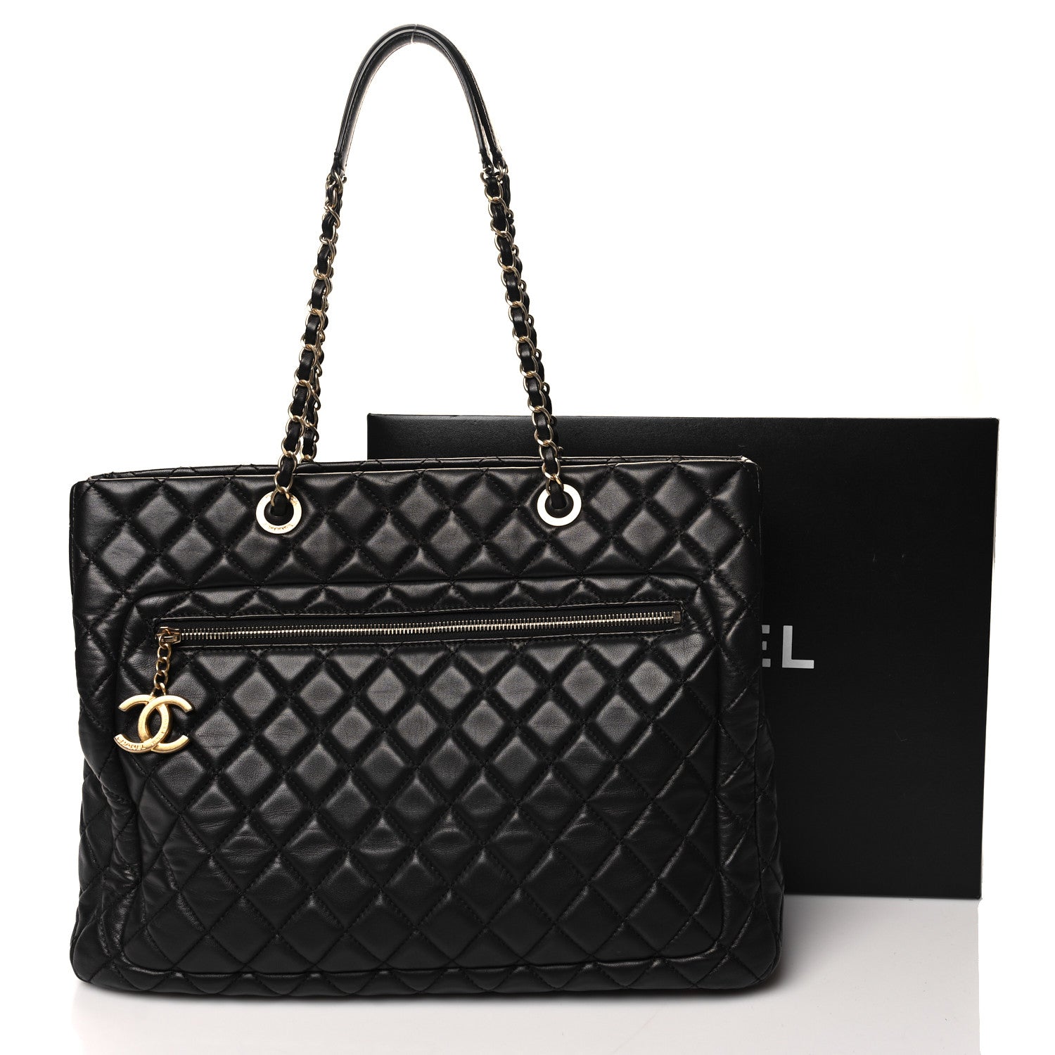 Lambskin Quilted CC Pocket Shopping Tote Black