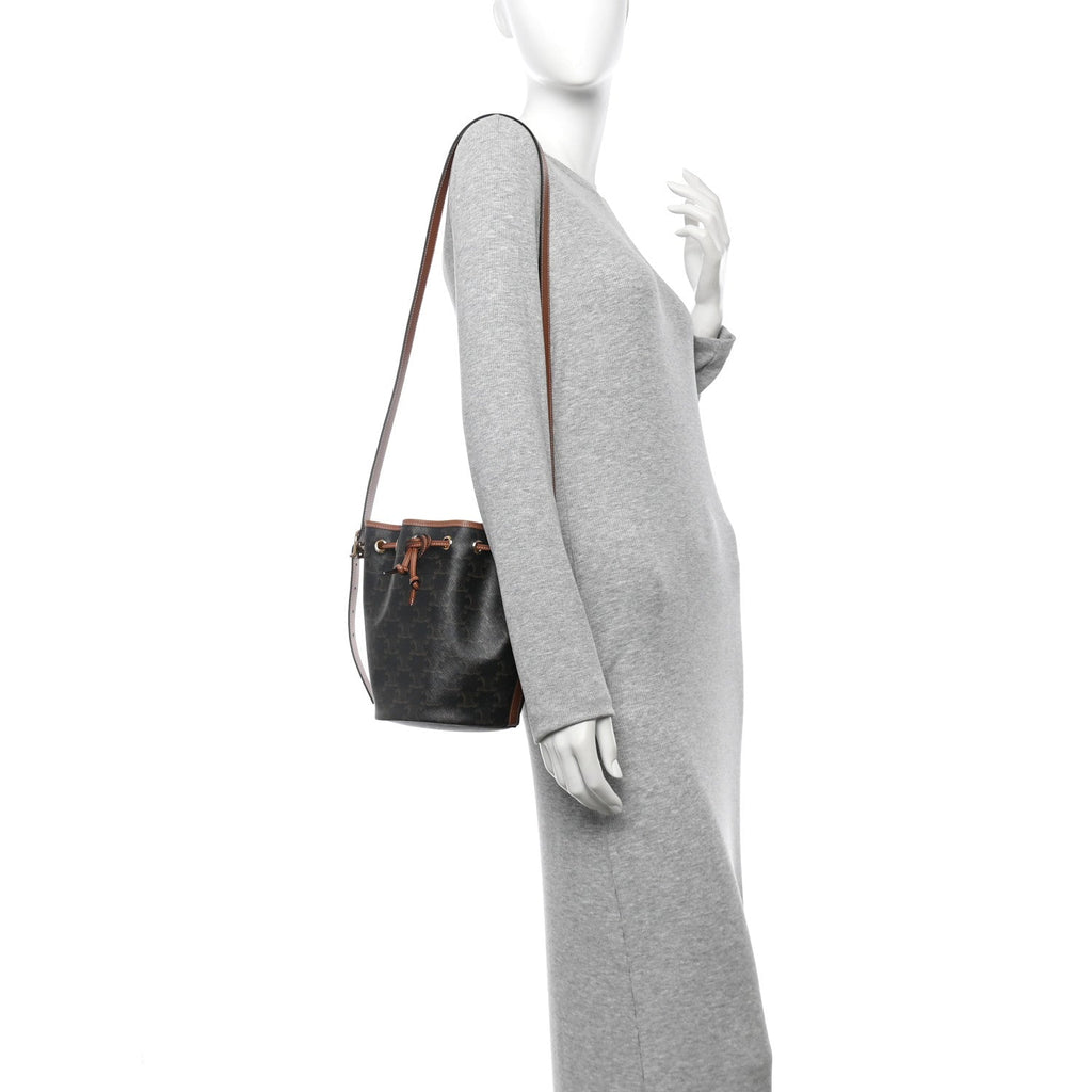 Triomphe Canvas Calfskin Small Drawstring Bucket Bag Tan