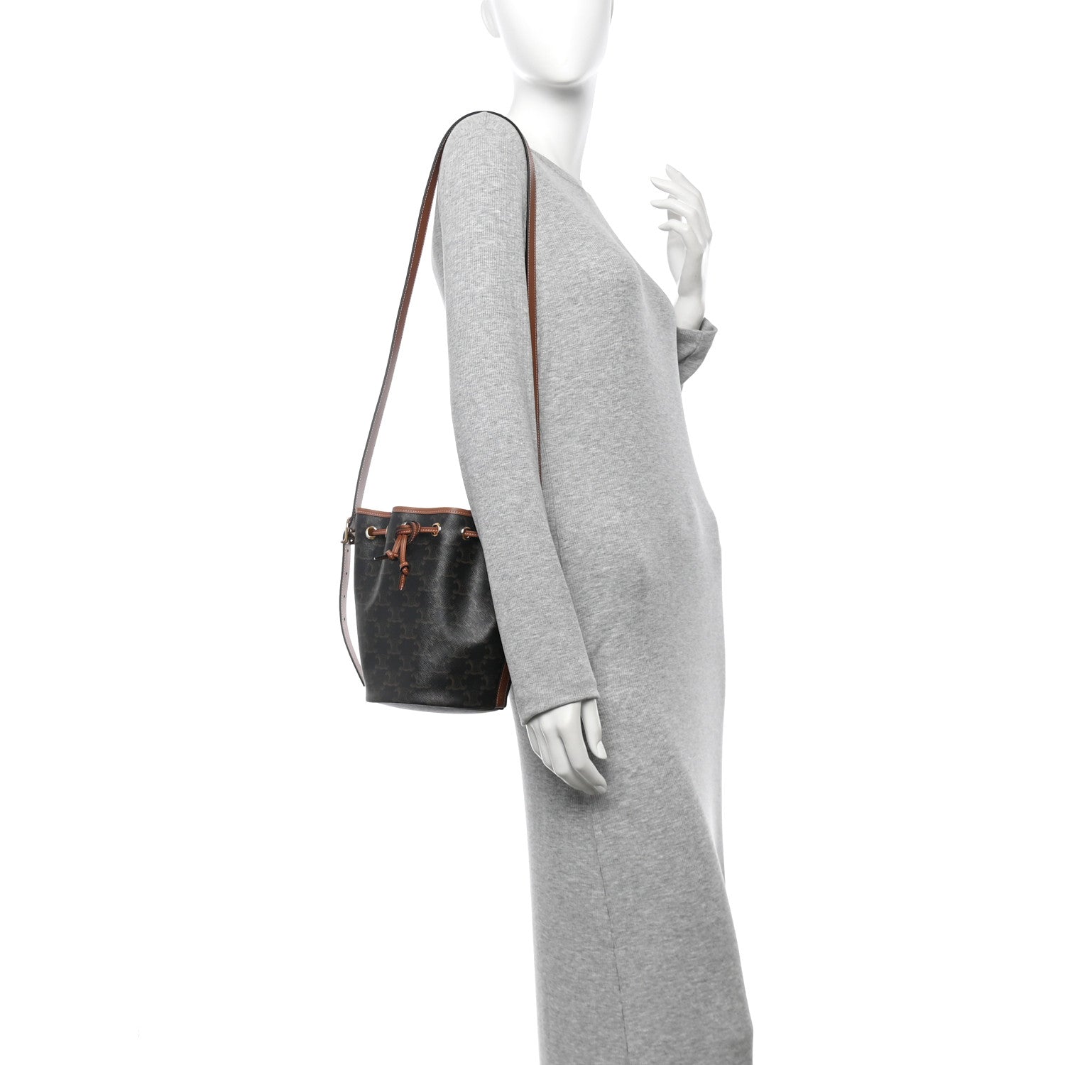 Triomphe Canvas Calfskin Small Drawstring Bucket Bag Tan