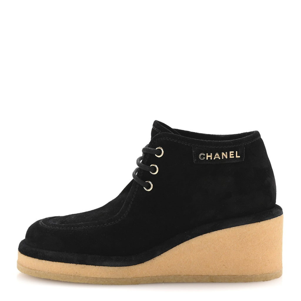 Suede Calfskin Lace Up Wedge Booties 36.5 Black