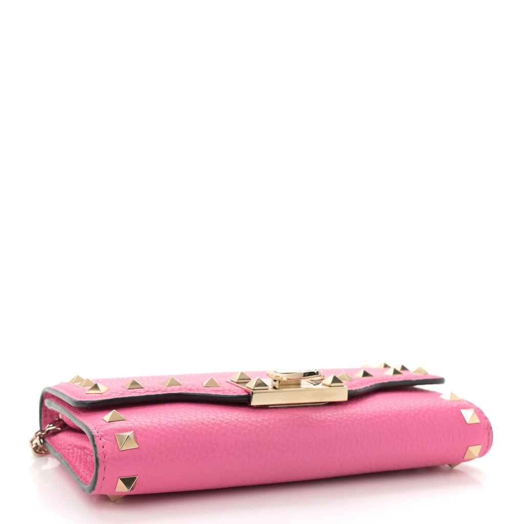 Pebbled Calfskin Rockstud Flip Lock Wallet On Chain Feminine Pink