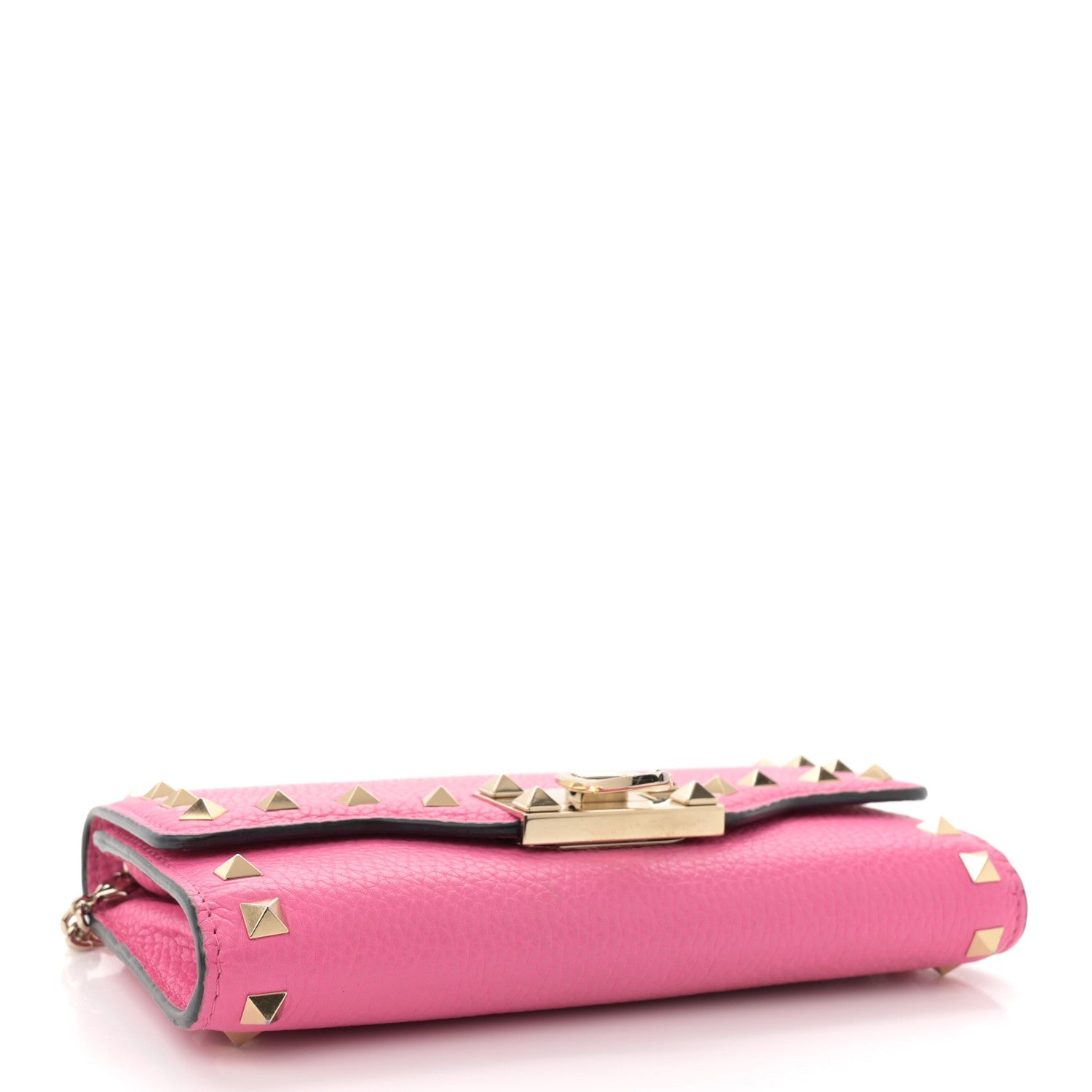 Pebbled Calfskin Rockstud Flip Lock Wallet On Chain Feminine Pink
