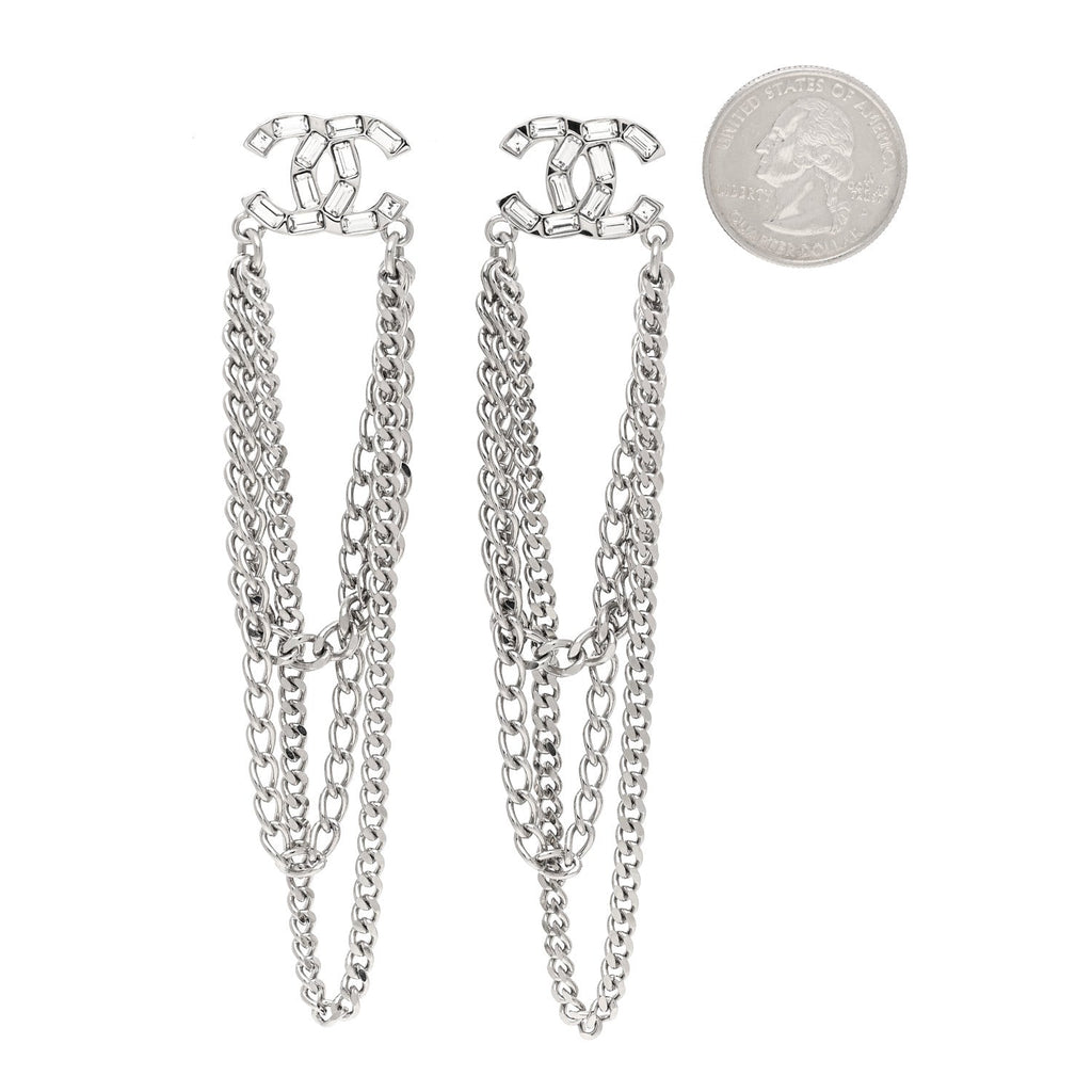 Crystal Baguette CC Chain Drop Earrings Silver