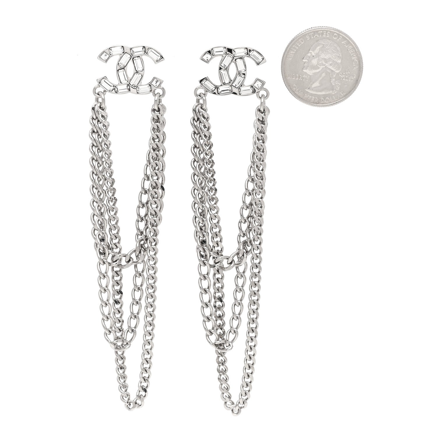 Crystal Baguette CC Chain Drop Earrings Silver