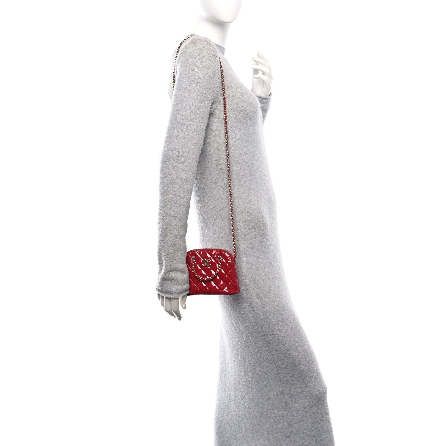 Patent Calfskin Quilted Shiny Coco Clutch With Chain Red