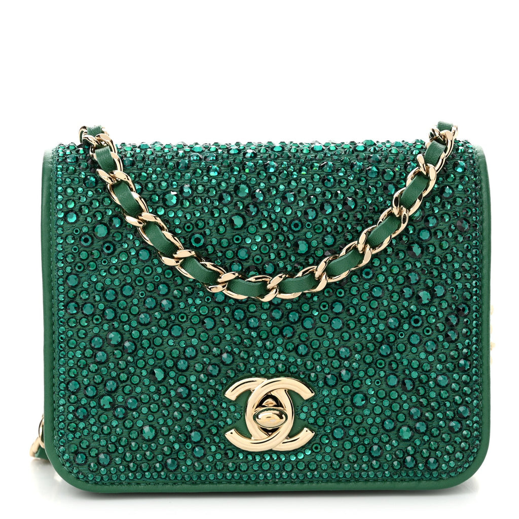 Lambskin Crystal Diamante Clutch With Chain Green